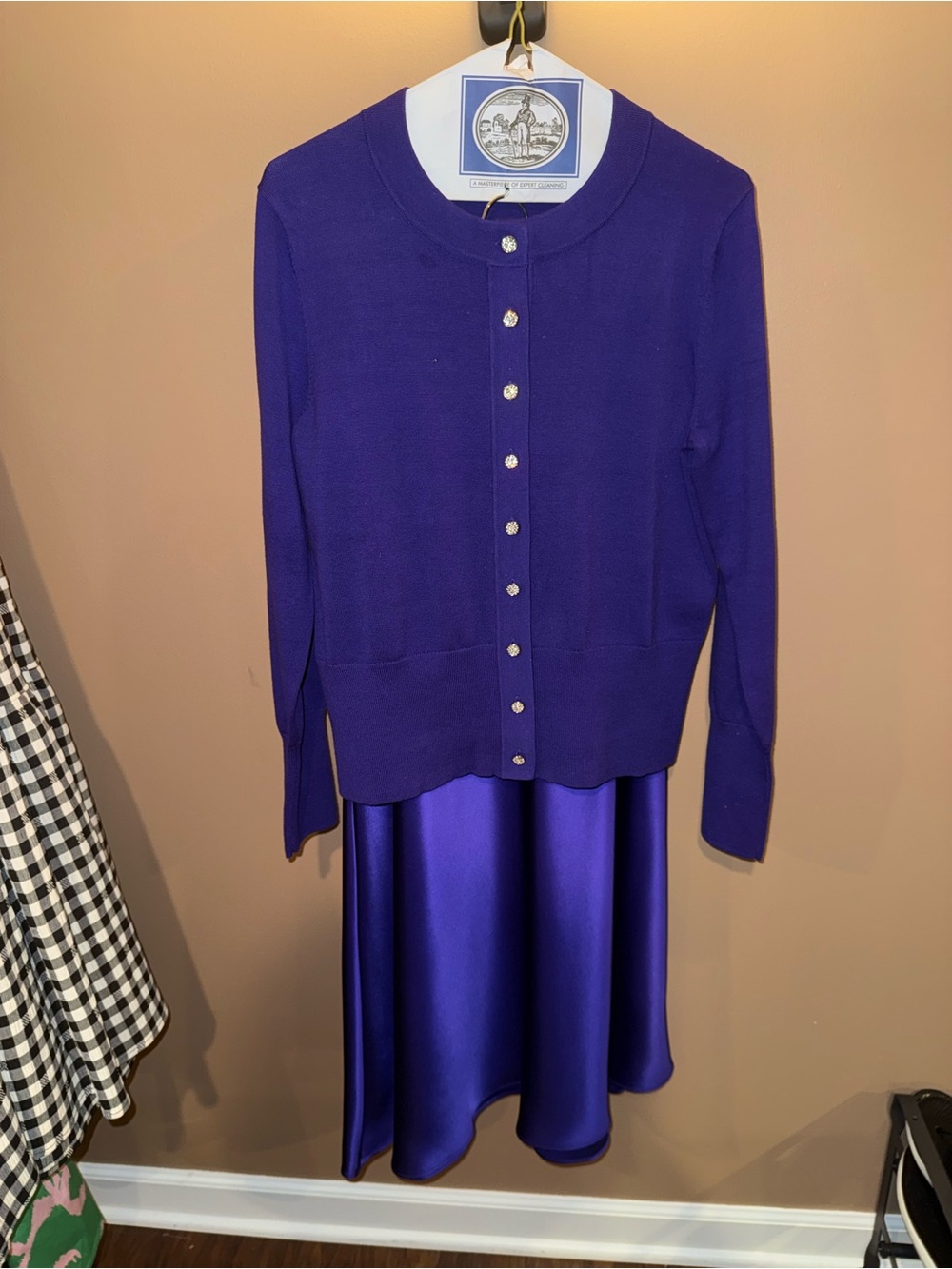 Talbots Purple Knit Cardigan and Satin Skirt Set